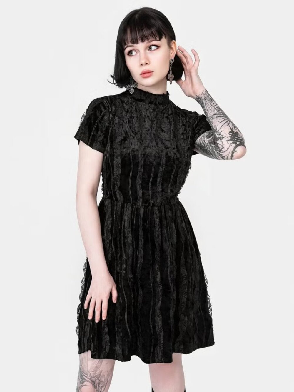 Disturbia Imogen Velour Mini Dress US 6 Skater Lace Dress High Neck
